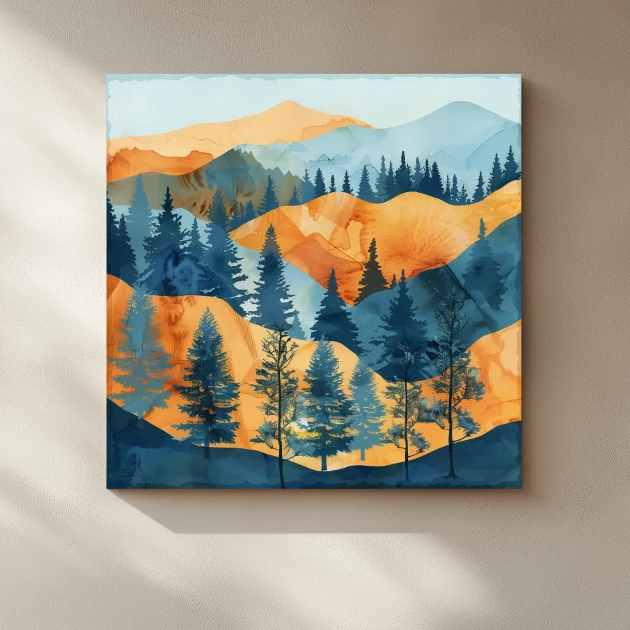 Watercolour painting  forest wall art, pine trees, rolling hills and mountains