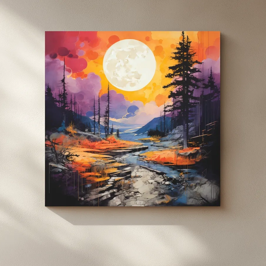 Colorful river and mountain sunset scene, illustration wall art