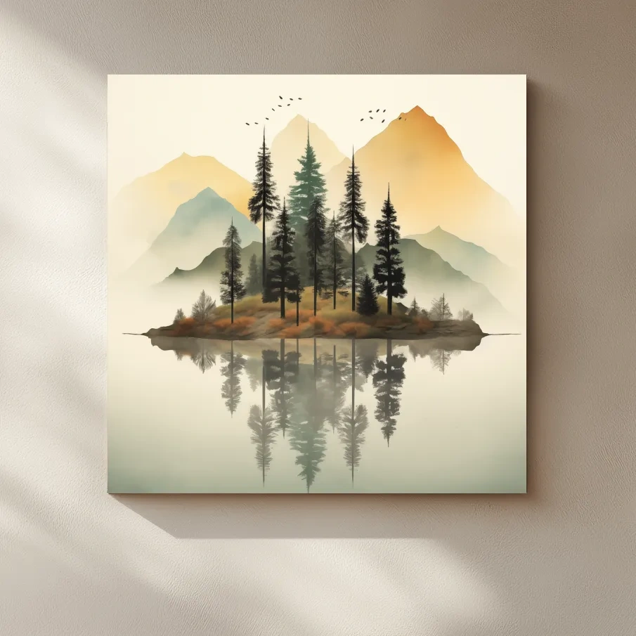 Misty Pine Forest Island Reflection - Minimalist Mountain Lake Wall Art
