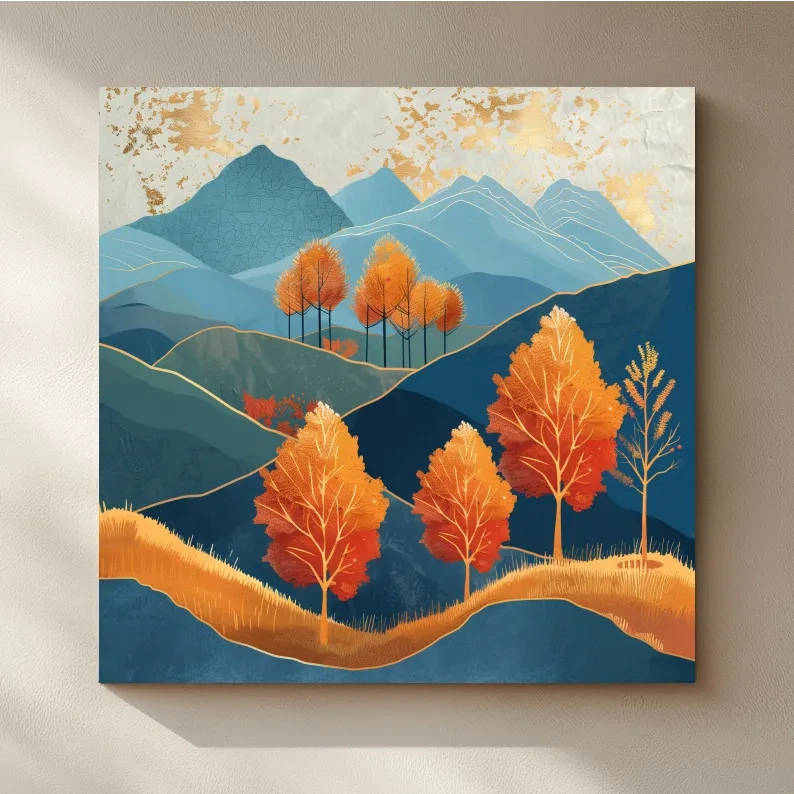 Autumn Aspen Trees In Layered Blue Mountains - Modern Gold Leaf Style Wall Art