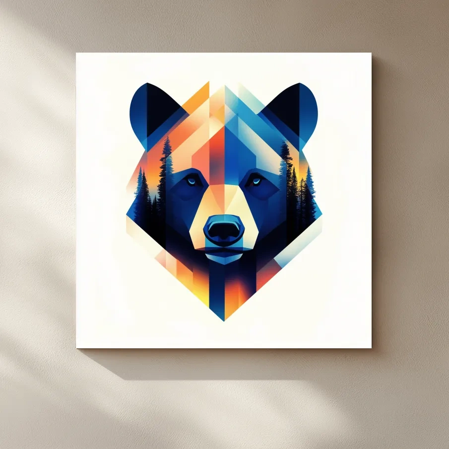 Colorful bear head illustration print, double exposure forest wall art