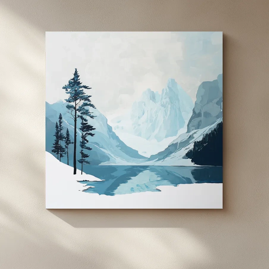 Minimalist glacial mountain scene wall art, serene landscapes, painterly effect