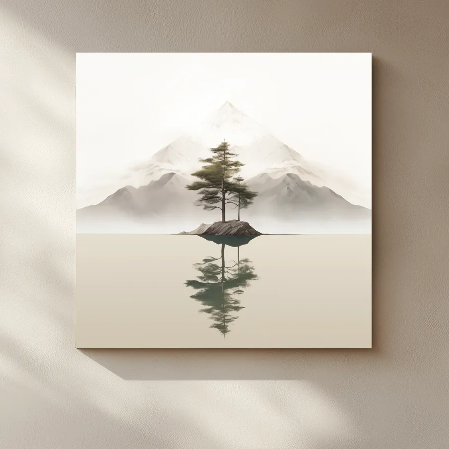 Minimalist Misty Lake Landscape Artwork - Serene Zen Pine Tree Reflection Art