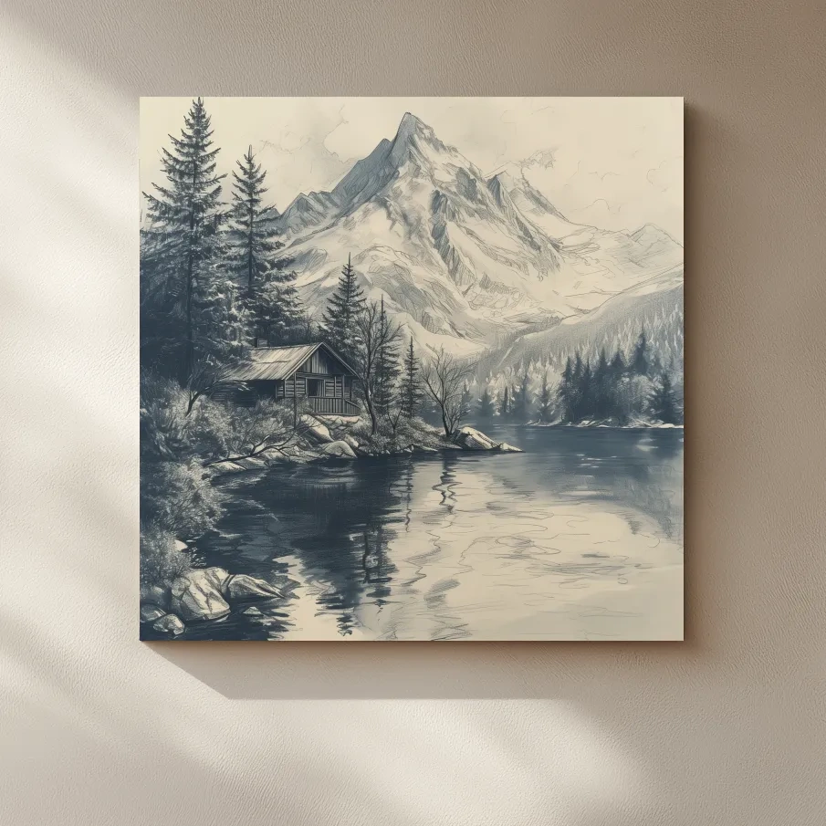 Vintage Alpine Cabin By Mountain Lake - Monochrome Pencil Sketch Landscape Wall Art