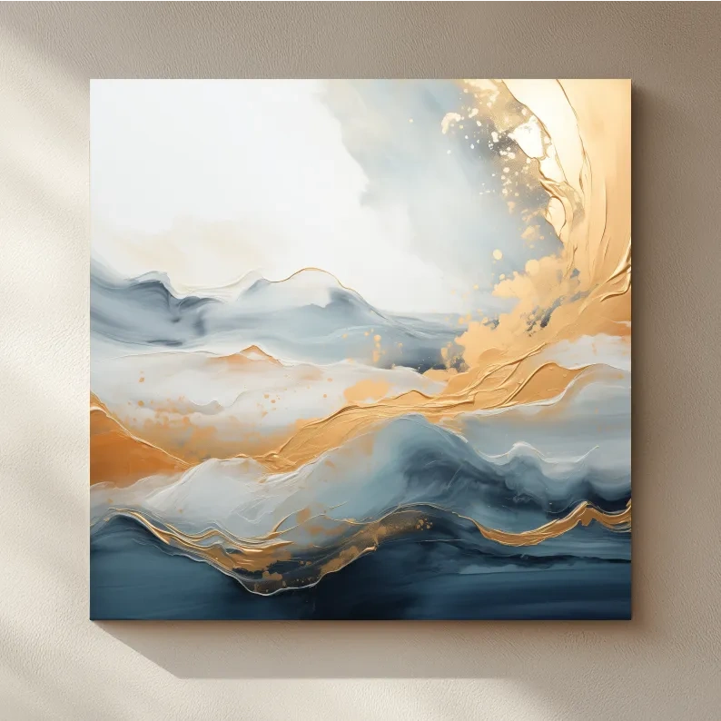 Fluid Abstract Blue And Gold Mountain Landscape - Modern Mixed Media Wall Art