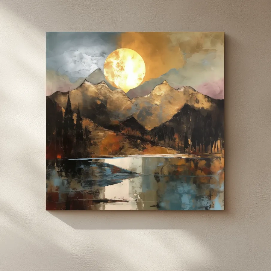 Alpine Mountain Lake Sunset Painting - Golf Leaf Style Wall Art