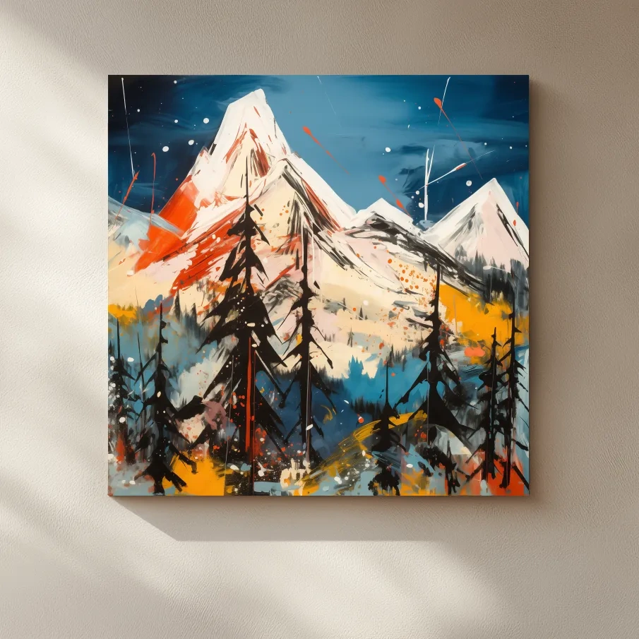 Mountain sunset artwork, vivid abstract colors with splattered paint effect