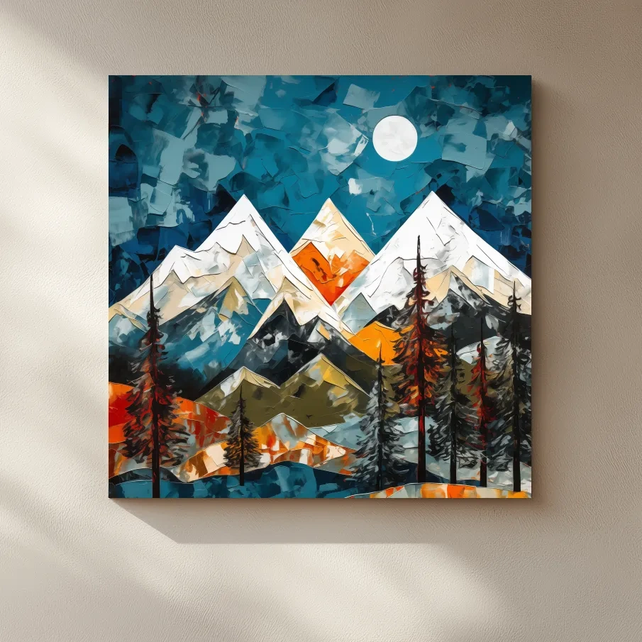 Bold thick impasto oil painting effect, trees and snow capped mountains