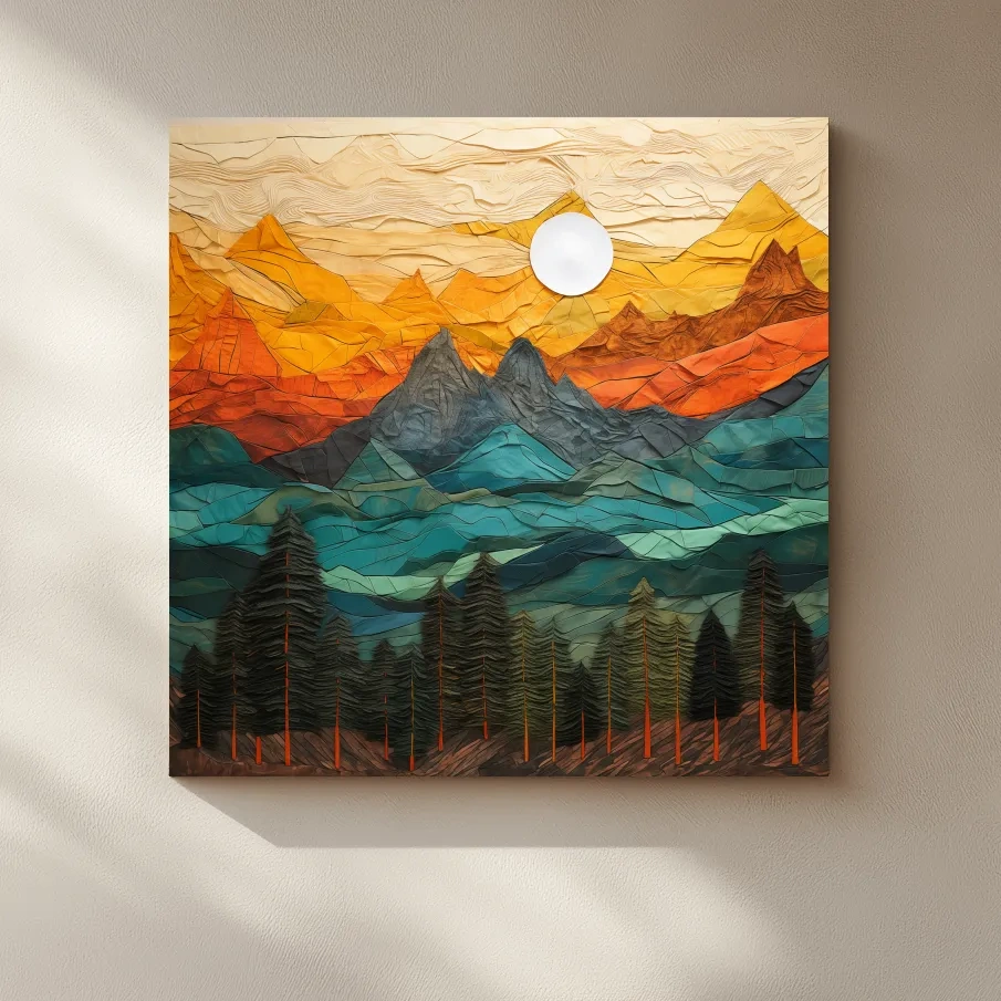 Papre mache style art of an alpine landscape at sunset