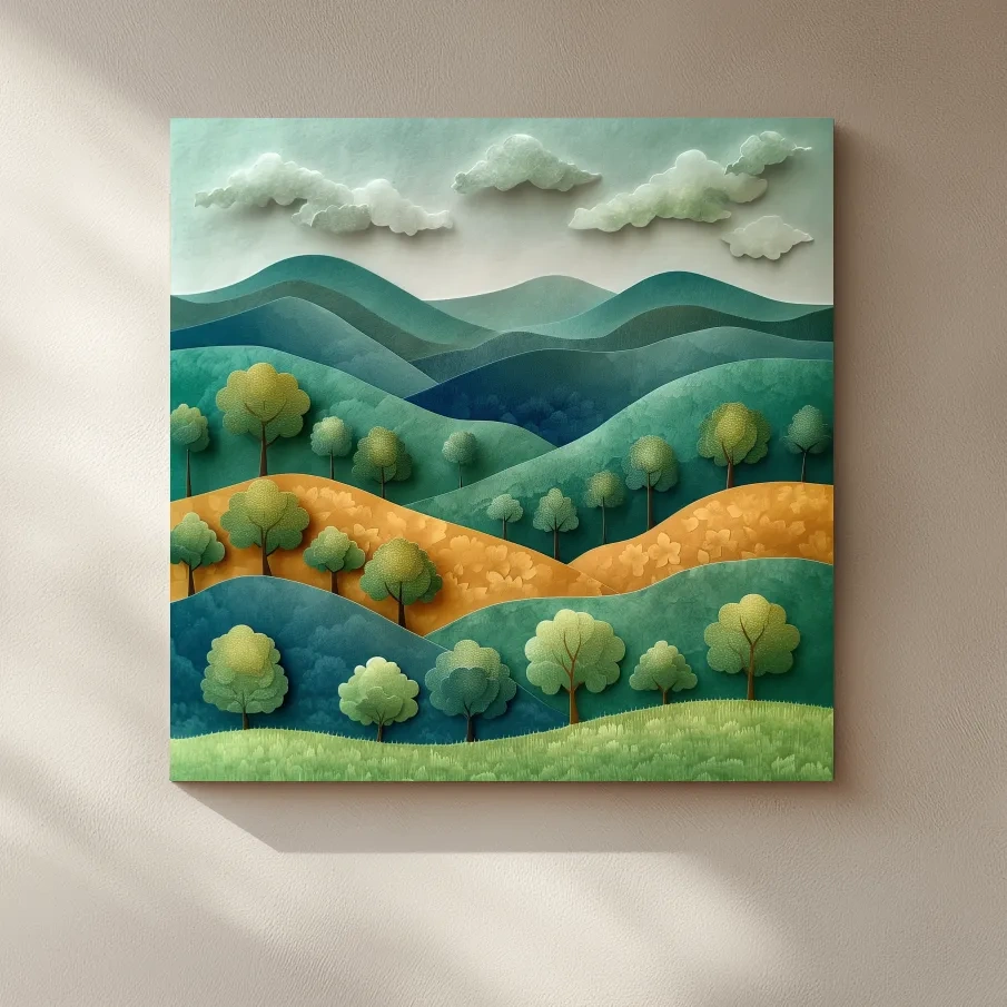 Rolling hills and trees 3d artwork, layered paper quilling effect
