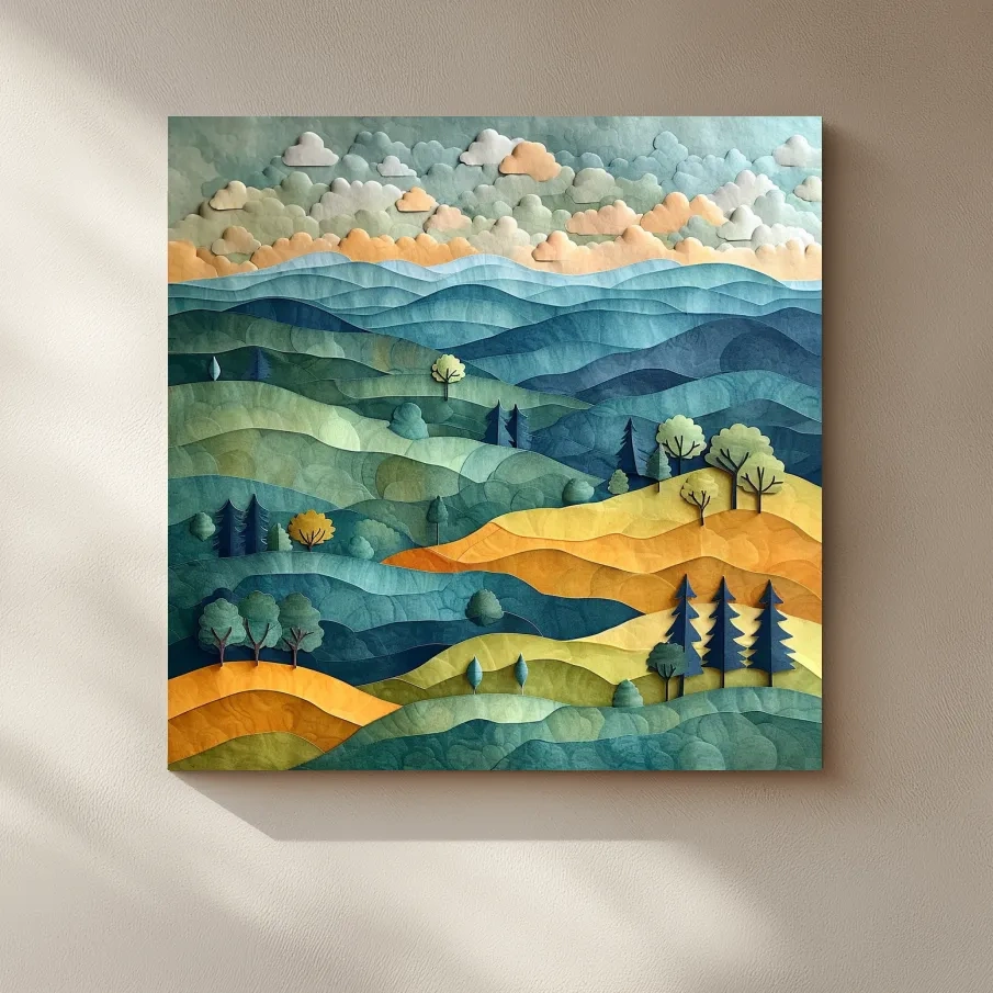 Layered Paper Cut Mountain Landscape - Mixed Media Forest Wall Art