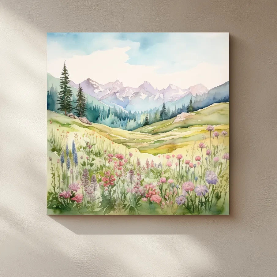 Watercolour painting of alpine flowers in pastel mountain meadows