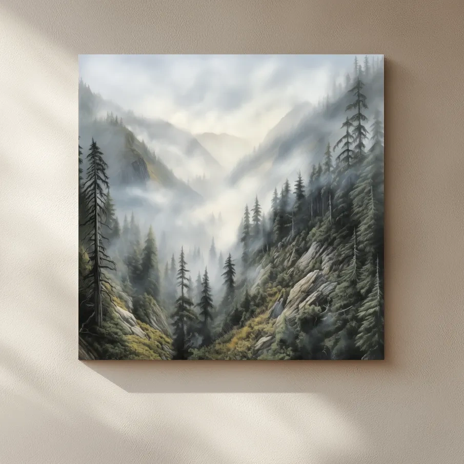 Painting of fog rolling through the mountains and trees