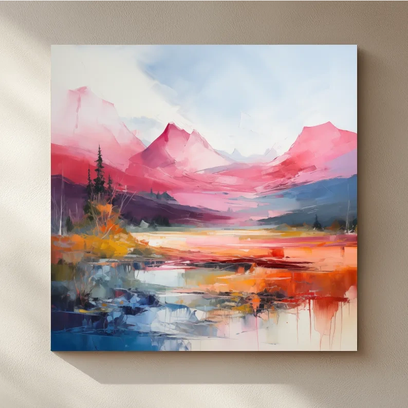 Vibrant Abstract Impressionist Alpine Lake Sunset Painting - Colorful Mountain Wall Art