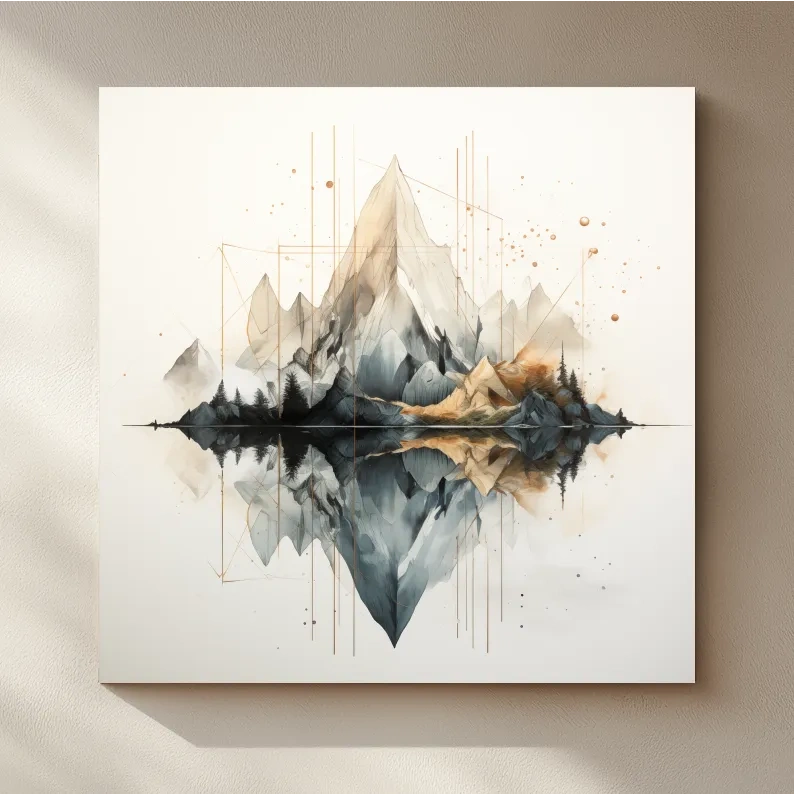 Geometric Watercolor Mountain Reflection Landscape - Modern Minimalist Wall Art