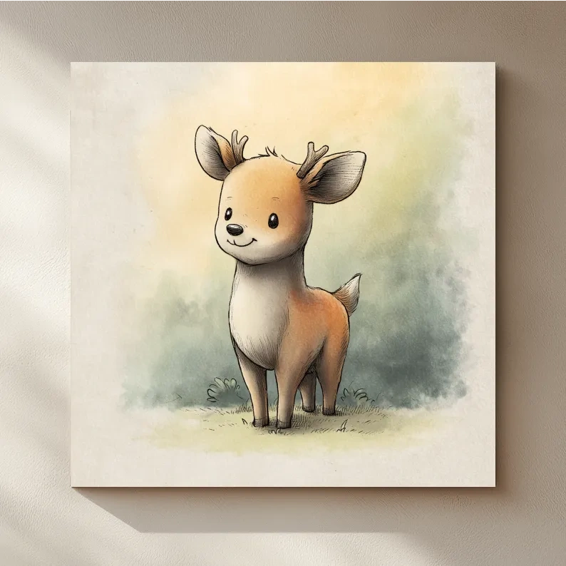 Cute Baby Deer Watercolor Illustration - Whimsical Woodland Nursery Wall Art