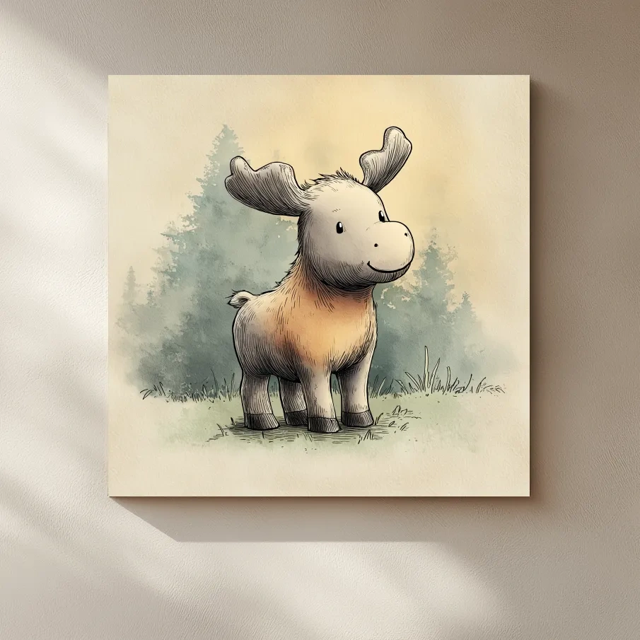 Cute Baby Moose Watercolor Illustration - Woodland Nursery Animal Wall Art