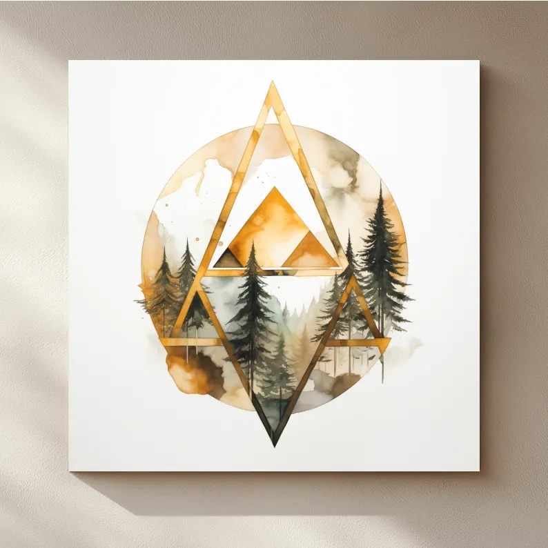 Rustic Elegant Watercolor Mountain Pine Forest - Abstract Golden Geometric Nature Wall Art