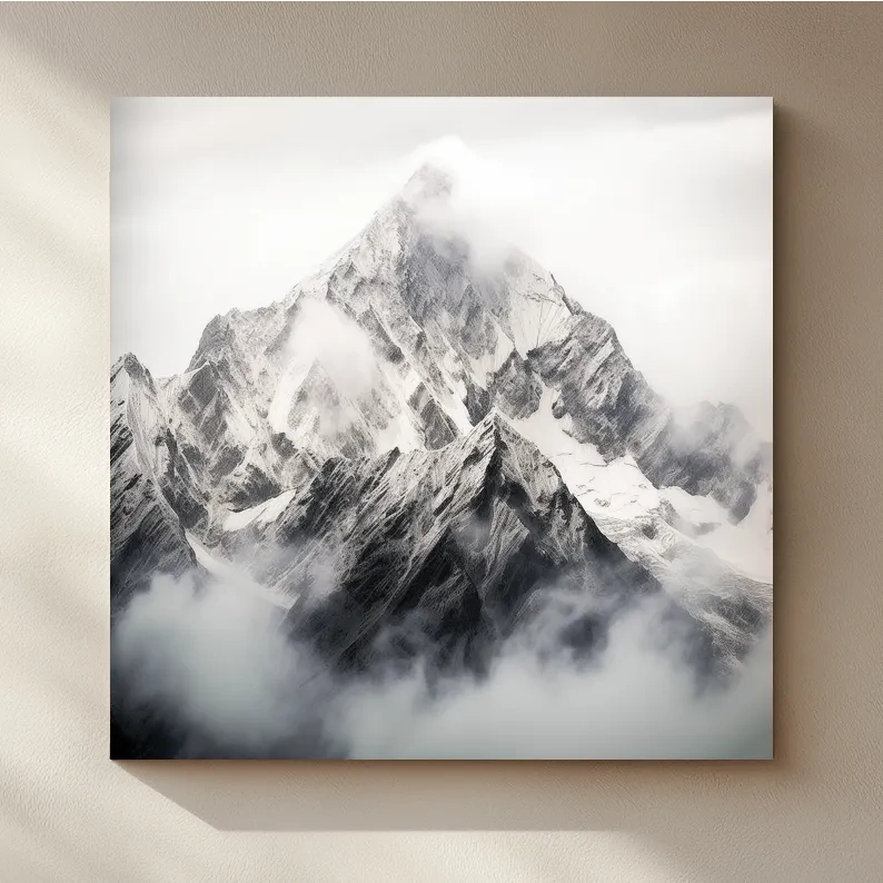Snowcapped Alpine Peak Photography - Monochrome Mountain Wall Art