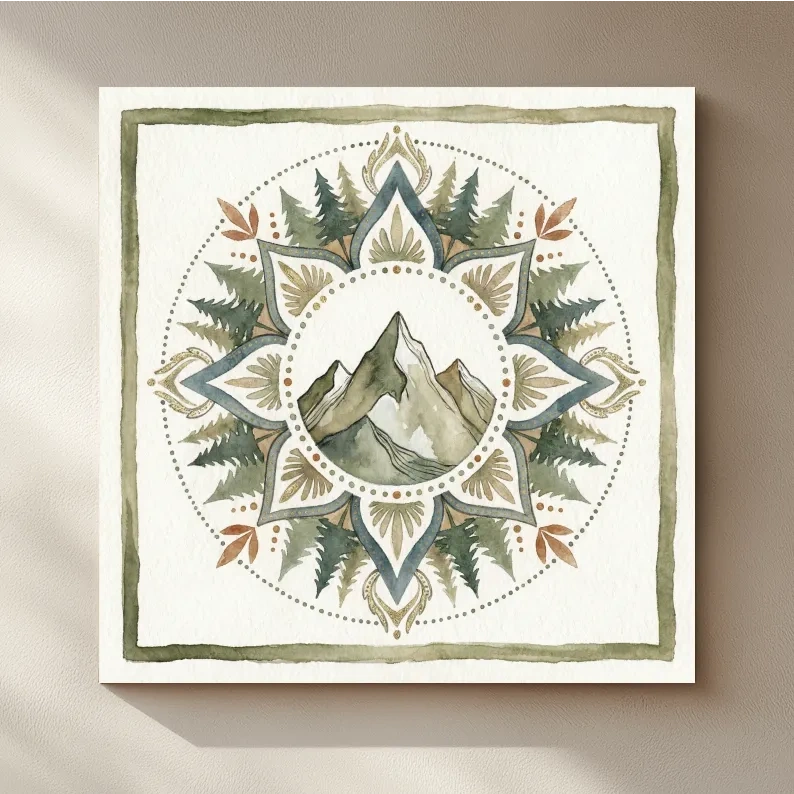 Mountain Mandala Watercolor - Boho Botanical Nature Wall Art
