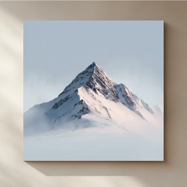 Minimalist Snowy Alpine Peak Painting - Serene Winter Mountain Wall Art