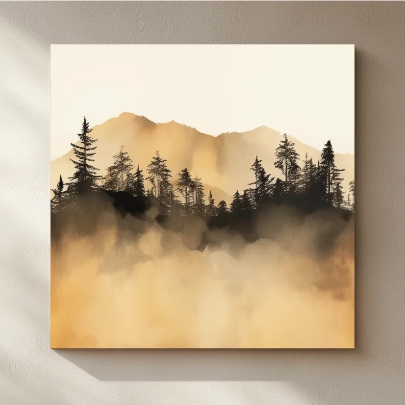 Misty Golden Mountain Pine Forest - Sepia Watercolor Landscape Wall Art