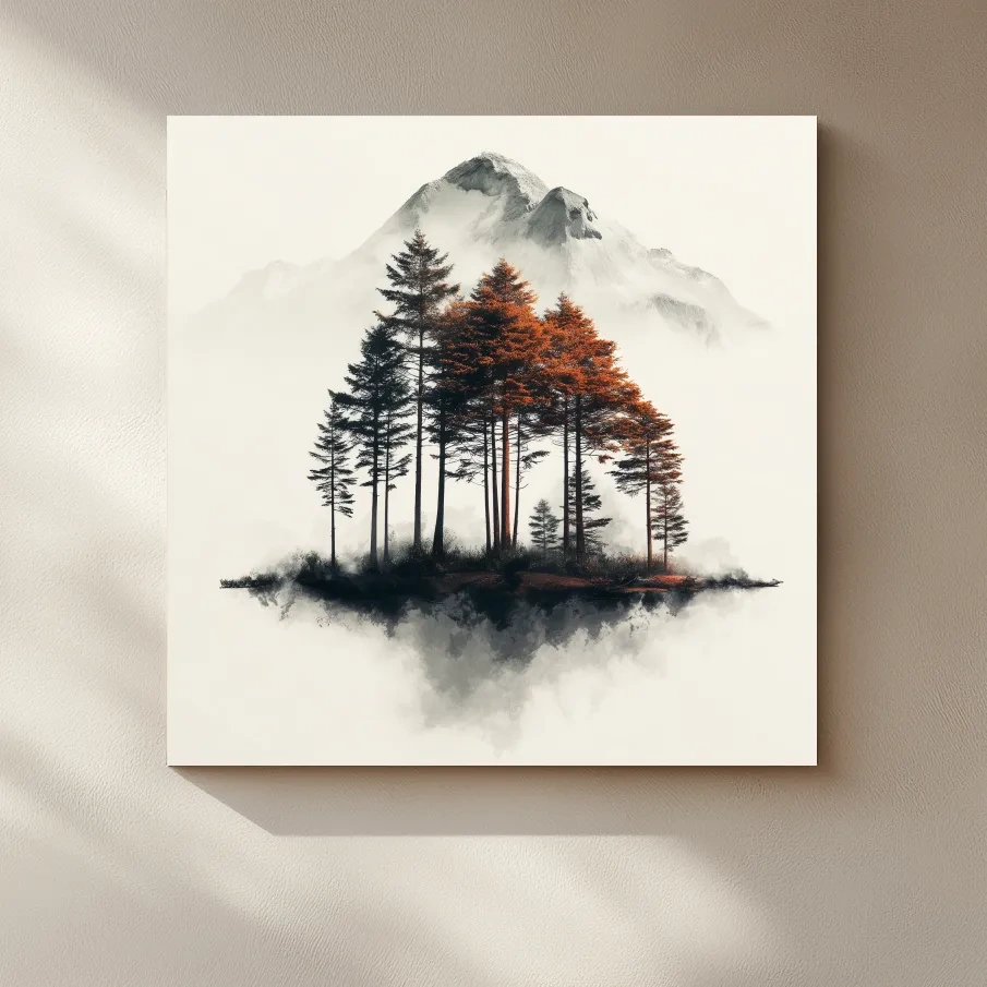Misty Mountain Pine Forest Watercolor - Autumn Landscape Wall Art