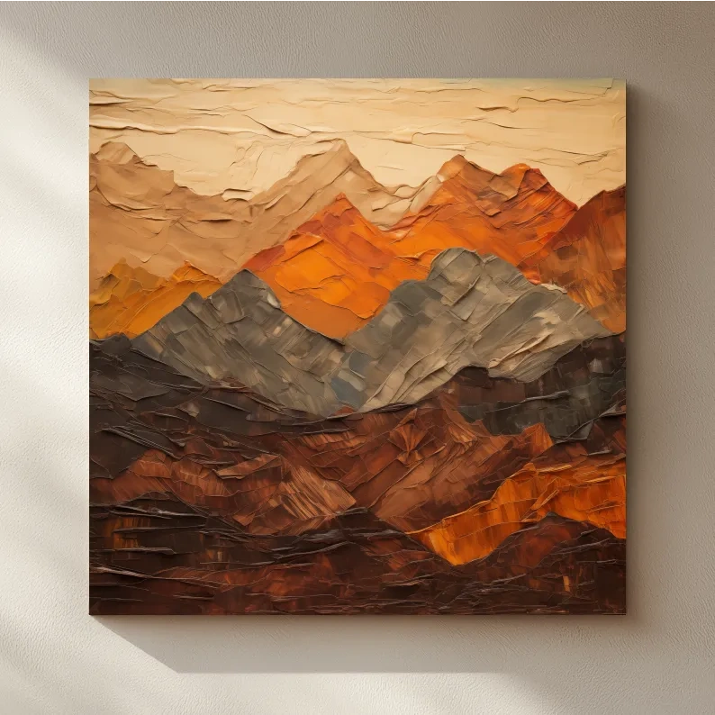 Textured Impasto Style Mountain Range - Rustic Earthy Abstract Wall Art