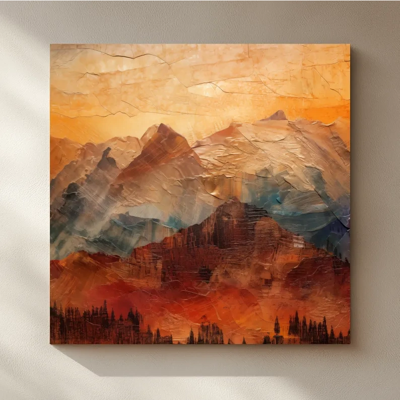 Impasto Style Abstract Mountain Range Sunset - Warm Rustic Landscape Wall Art