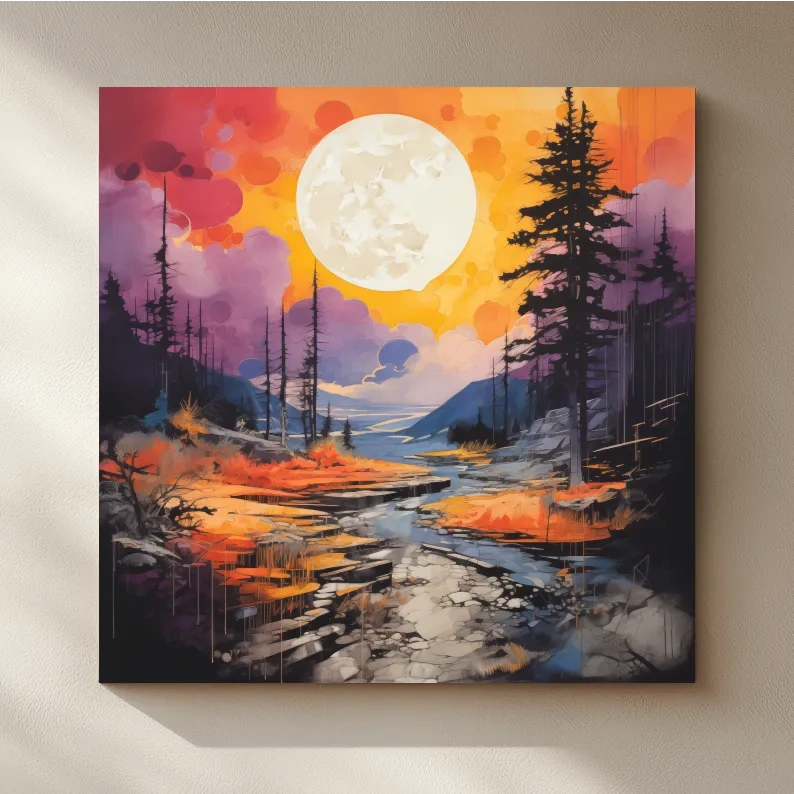 Vibrant River Valley Landscape Illustration - Abstract Sunset Forest Wall Art