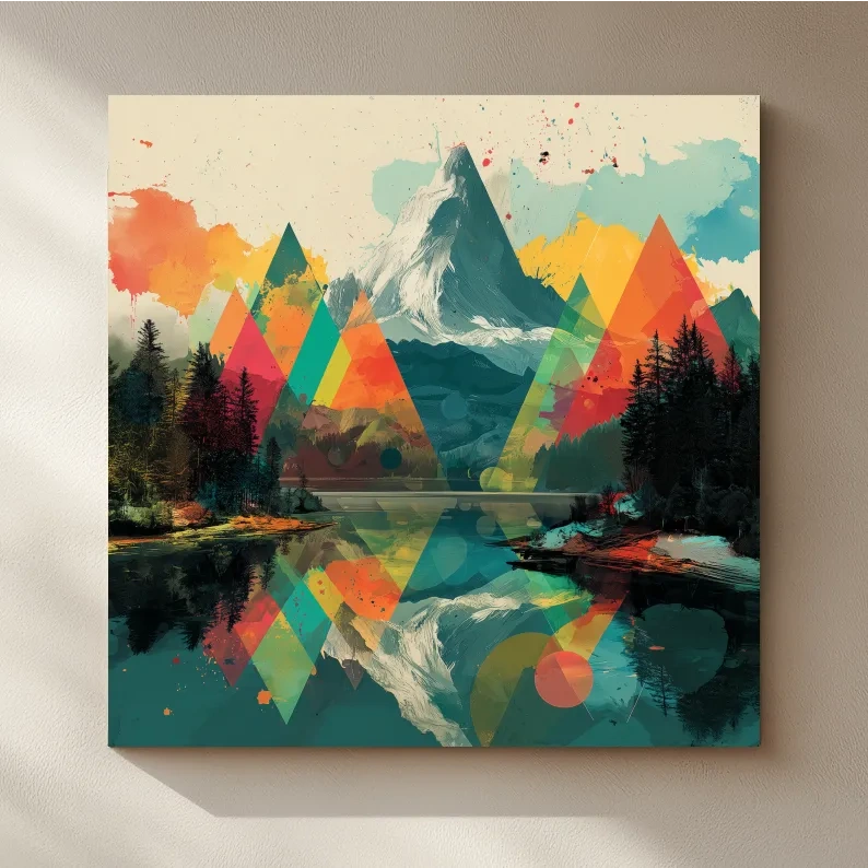 Vibrant Abstract Mountain Lake Collage Art - Colorful Alpine Wall Art