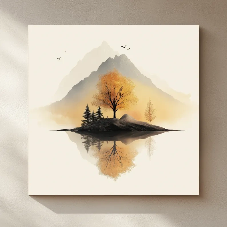 Minimalist Misty Mountain Lake Illustration - Serene Autumn Tree Landscape Wall Art