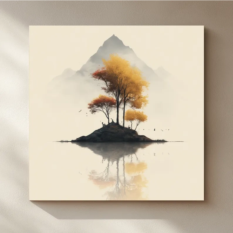 Minimalist Autumn Trees On Misty Lake Island - Serene Mountain Landscape Wall Art