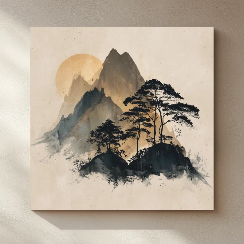 Zen Ink Wash Mountain Sunrise - Minimalist Japanese Pine Landscape Wall Art