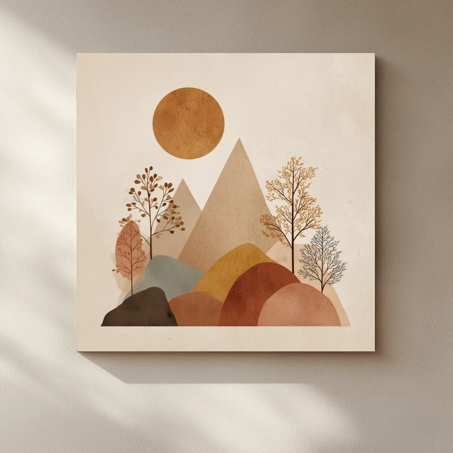 Minimalist Scandi Mountain Sunset Landscape - Boho Neutral Earth Tone Wall Art