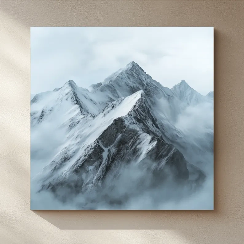 Misty Snowcapped Alpine Peak Landscape - Monochrome Photographic Mountain Wall Art