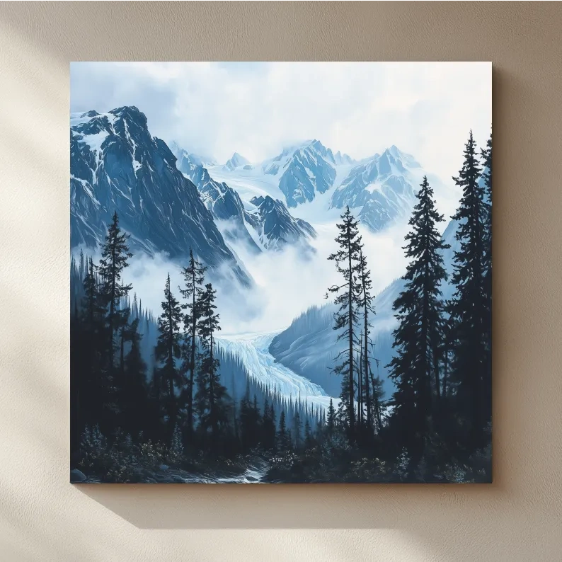 Misty Alpine Glacier Valley Landscape - Moody Mountain Forest Wall Art