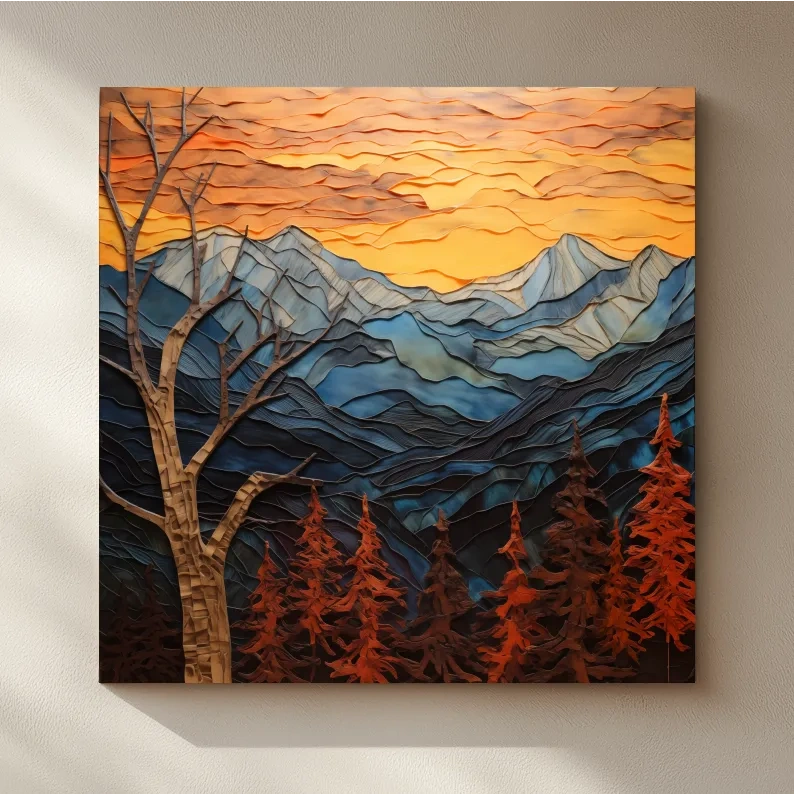 Layered Paper Cut Alpine Mountain Sunset - Mixed Media 3D Landscape Wall Art