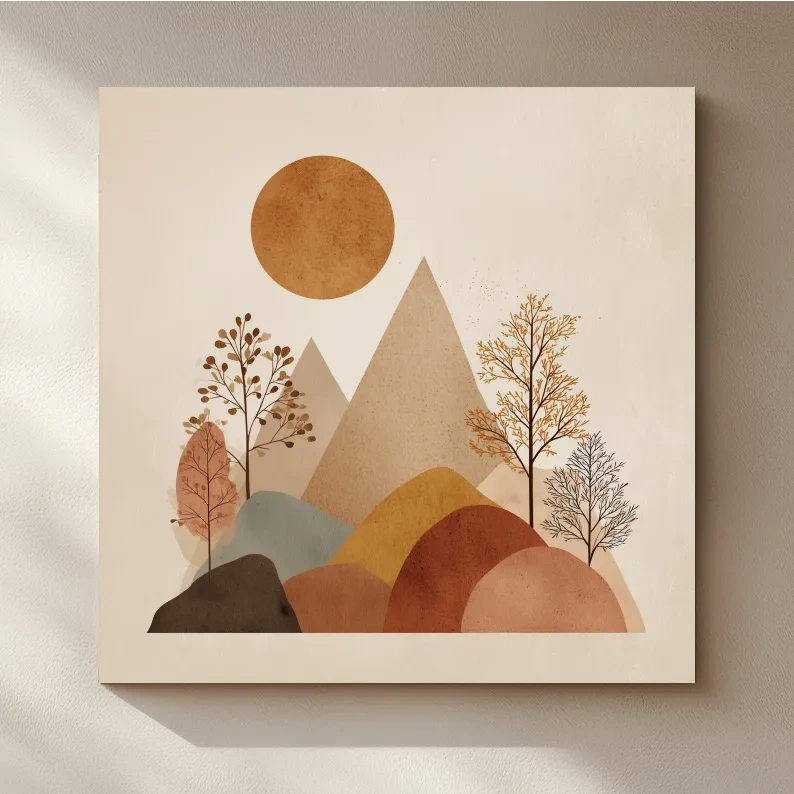 Minimalist Scandi Mountain Sunset Landscape - Boho Neutral Earth Tone Wall Art