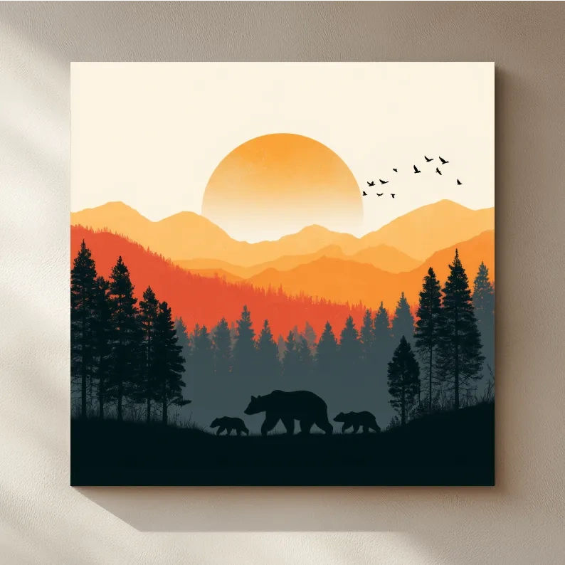 Sunset Mama Bear & Cubs Silhouette - Wildlife Forest Landscape Wall Art