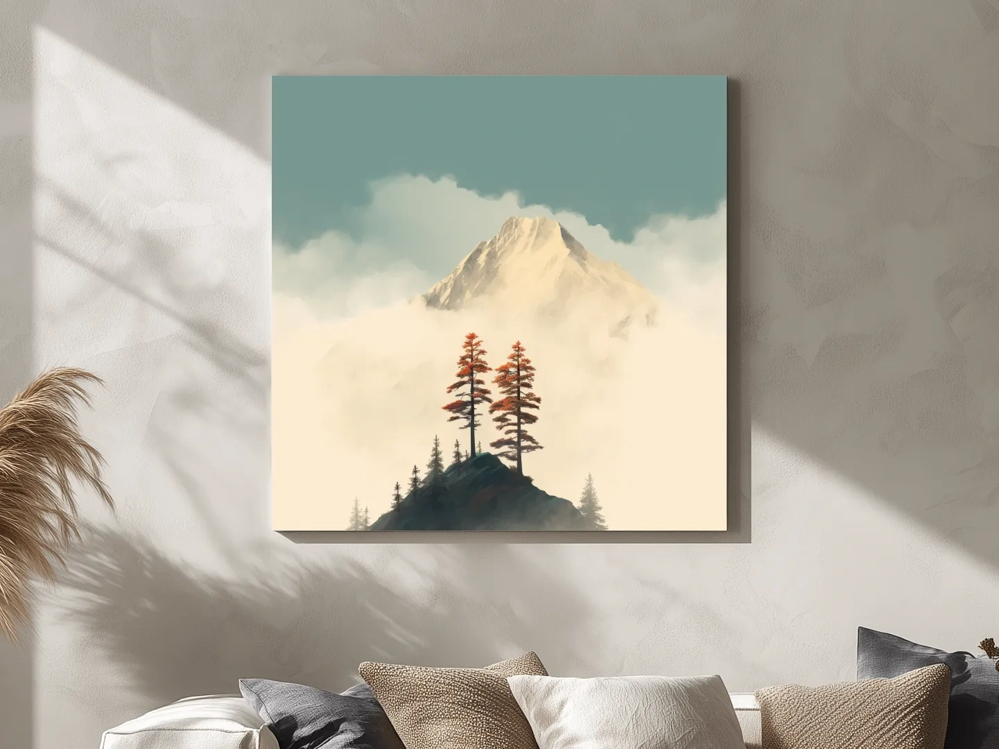 Misty Alpine Peak With Autumn Pines - Minimalist Mountain Artwork