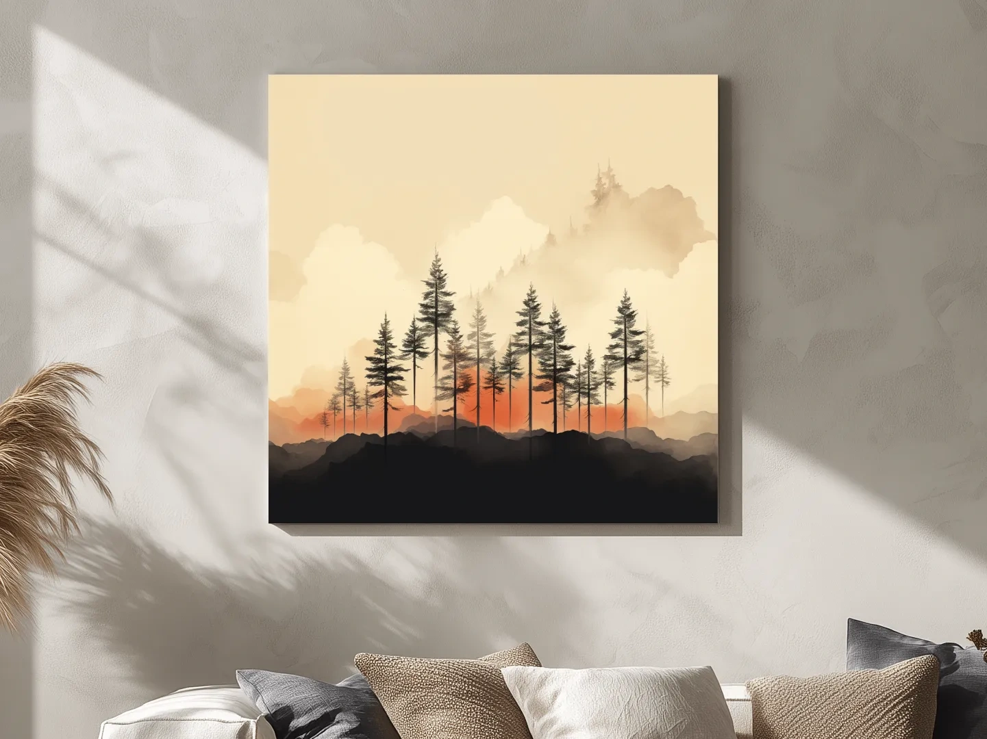 Misty Pine Forest Silhouettes At Sunrise - Minimalist Watercolor Mountain Wall Art