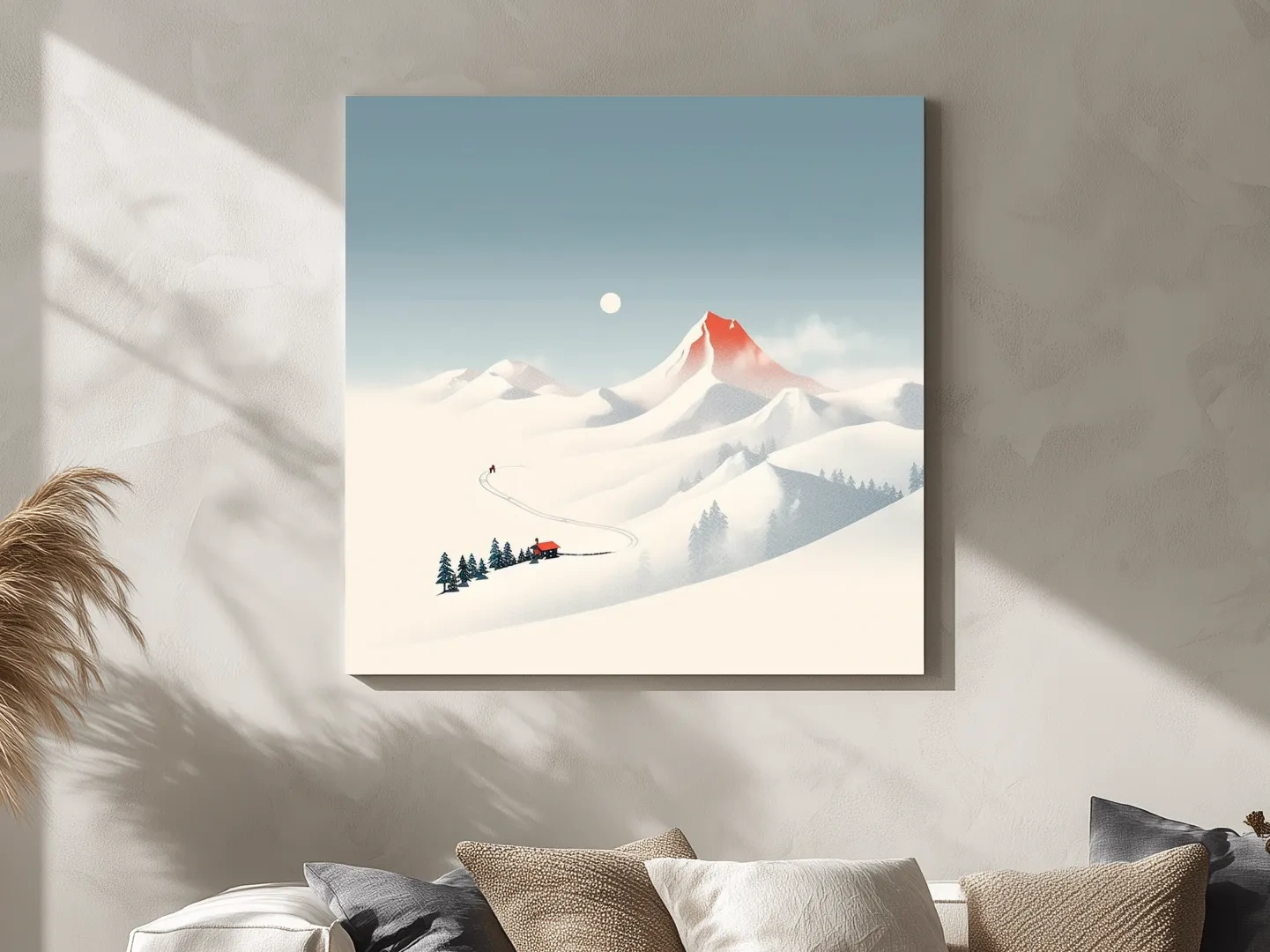 Minimalist Snowy Mountain Cabin Landscape - Nordic Winter Wall Art