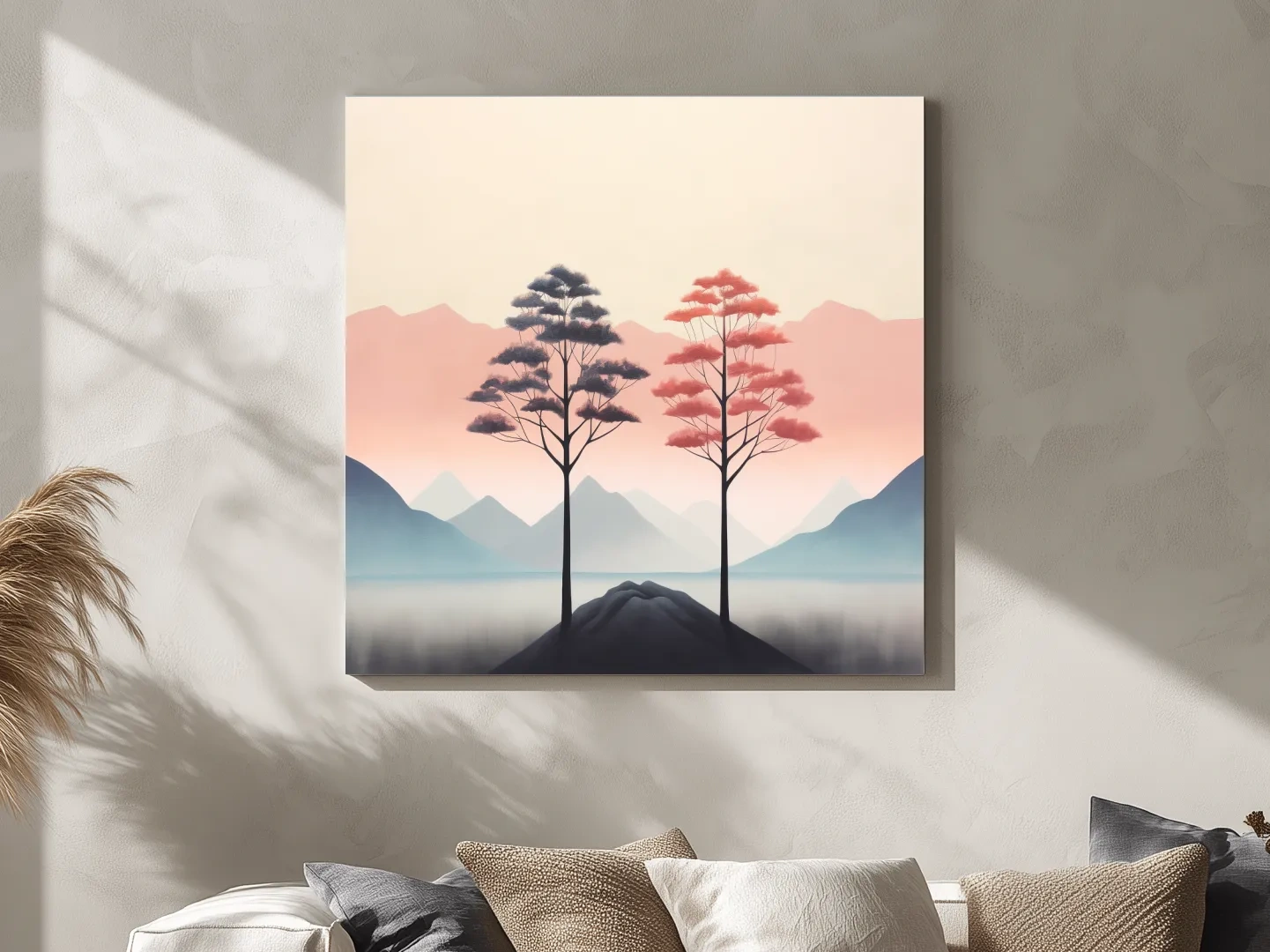 Minimalist Twin Pine Trees Landscape - Serene Pastel Mountain Lake Wall Art