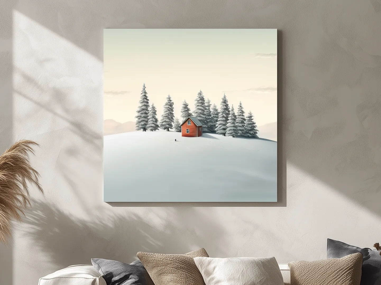 Minimalist Snowy Cabin In Pine Forest - Serene Winter Landscape Wall Art