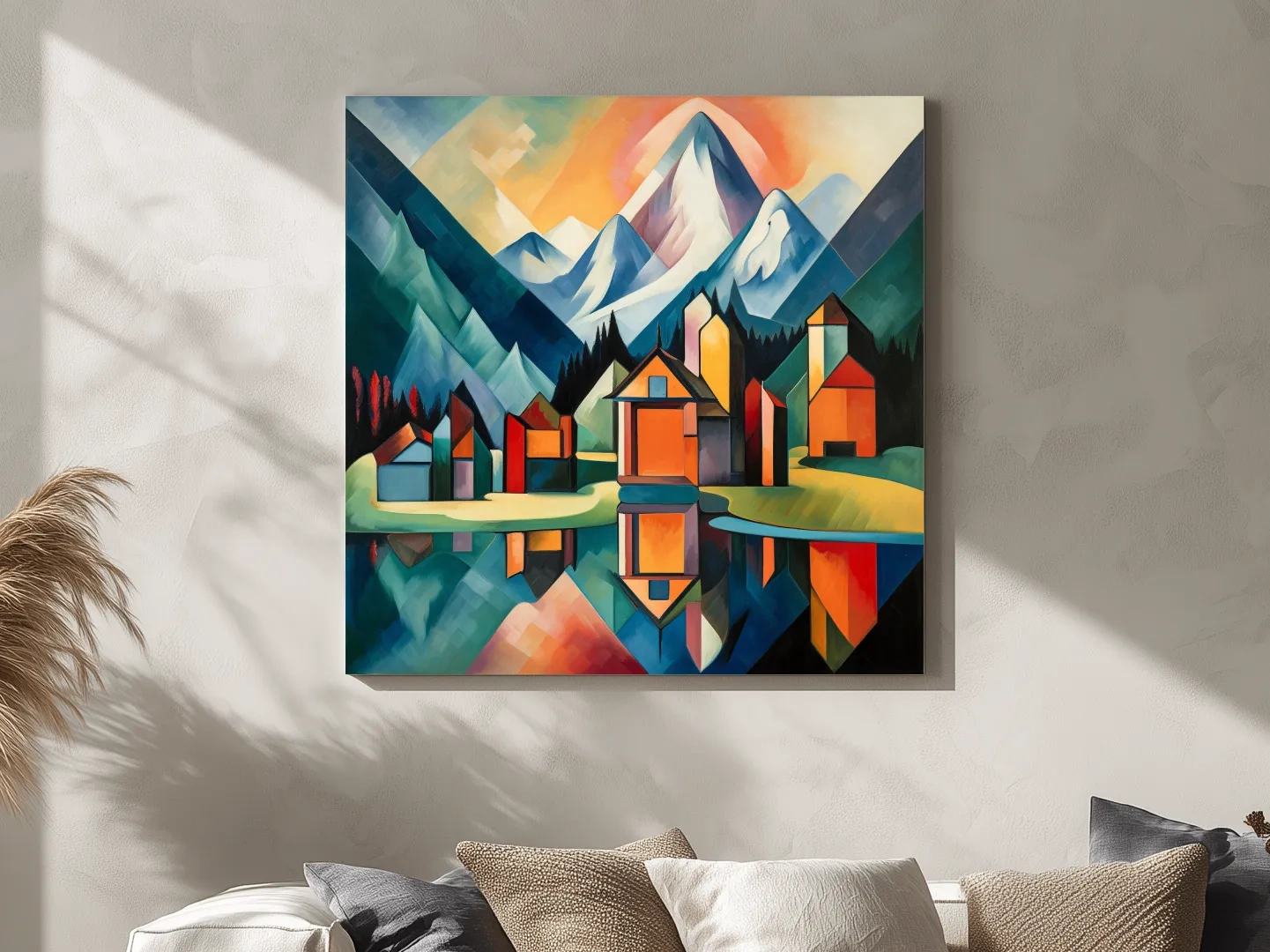 Colorful Geometric Alpine Village Lake Painting - Modern Abstract Mountain Wall Art