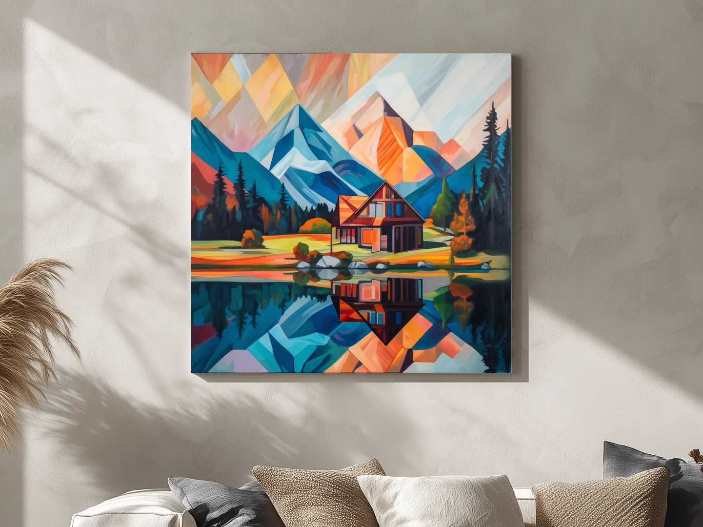 Vibrant Geometric Mountain Cabin Lake Reflection - Abstract Sunrise Wall Art