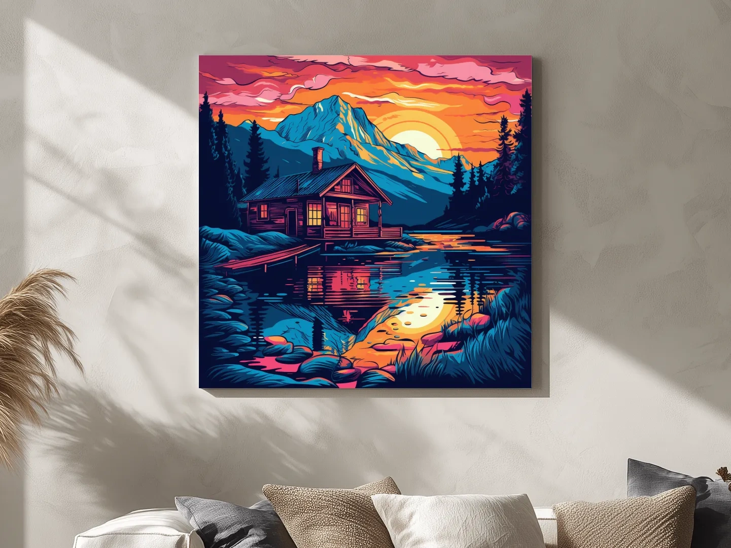Vibrant Retro Alpine Lake Cabin Sunset - Vector Mountain Wall Art