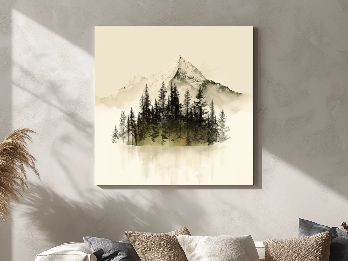 Misty Alpine Mountain Pine Forest Artwork - Minimalist Landscape Wall Art