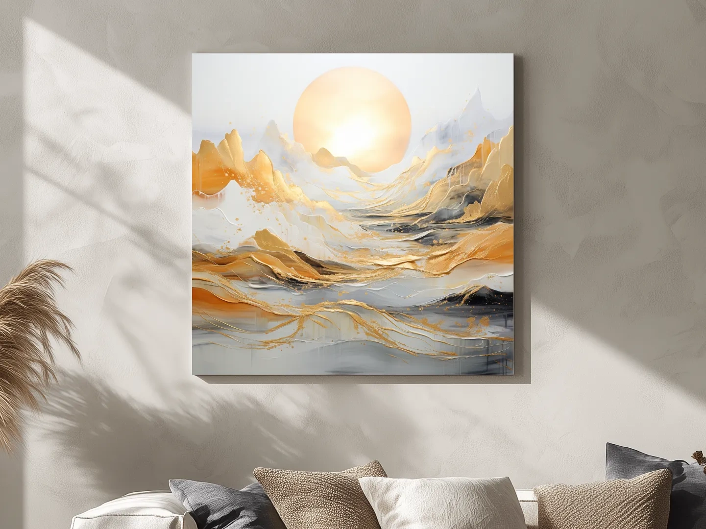 Abstract Golden Sunrise Mountain Landscape - Modern Golf Leaf Style Wall Art